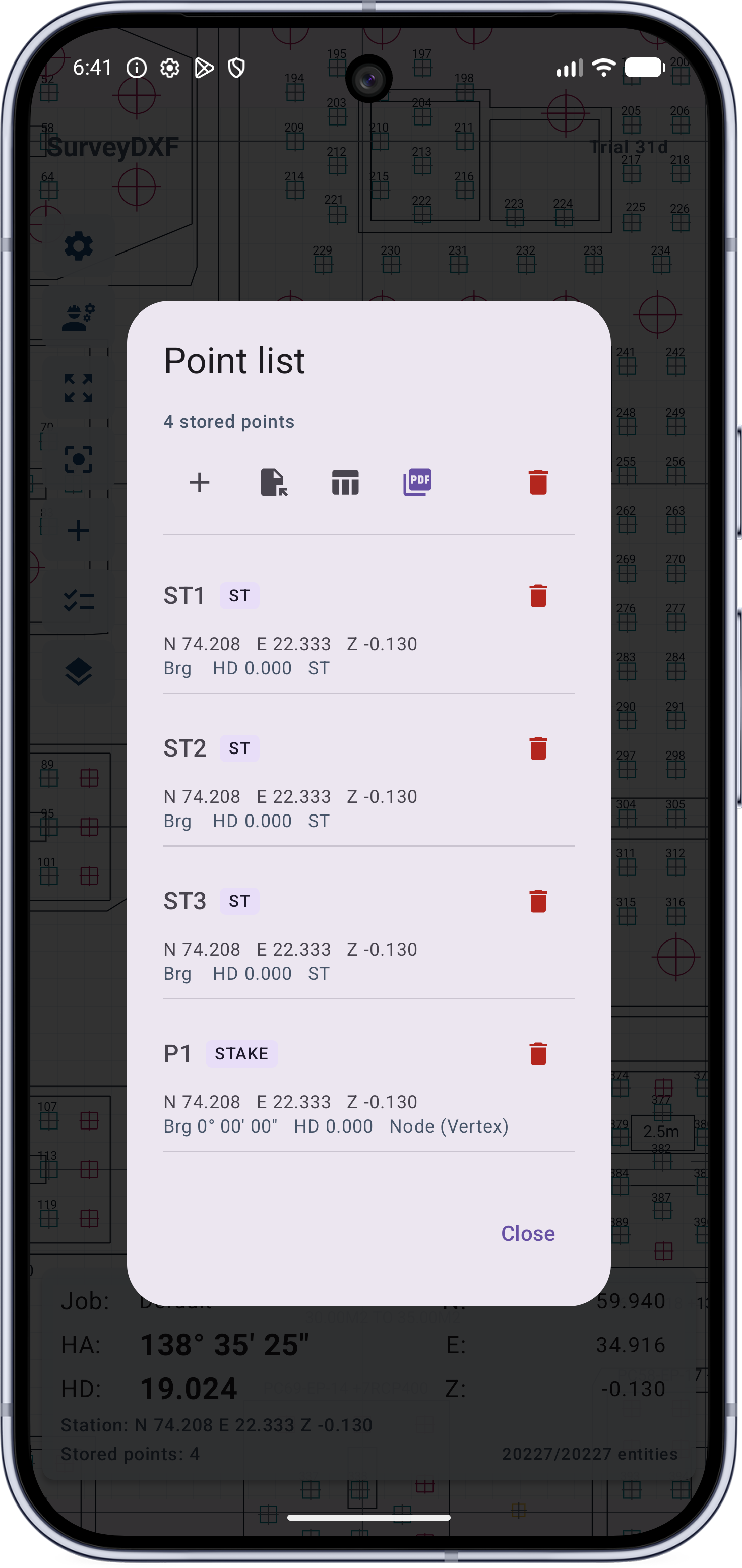 SurveyDXF survey DXF app point list screen